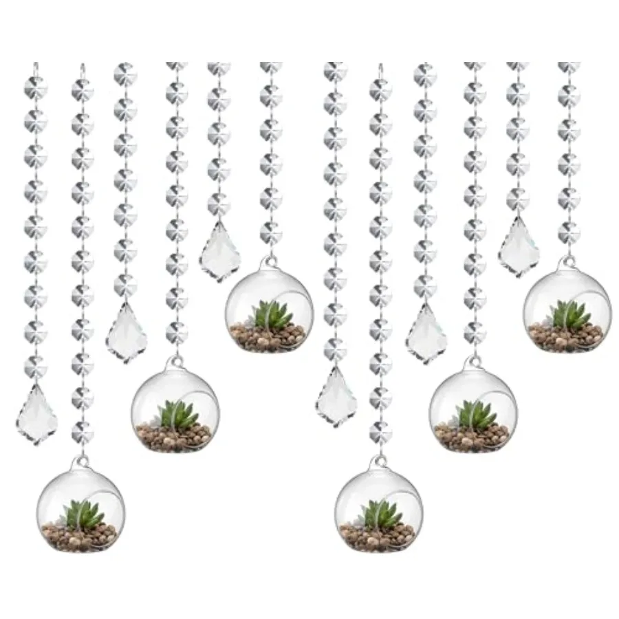 

56 Pcs 3.15'' Hanging Glass Tealight Holder with Clear K9 Crystal Garland Strands and Maple Leaf Pendants Globe Plant Terrarium