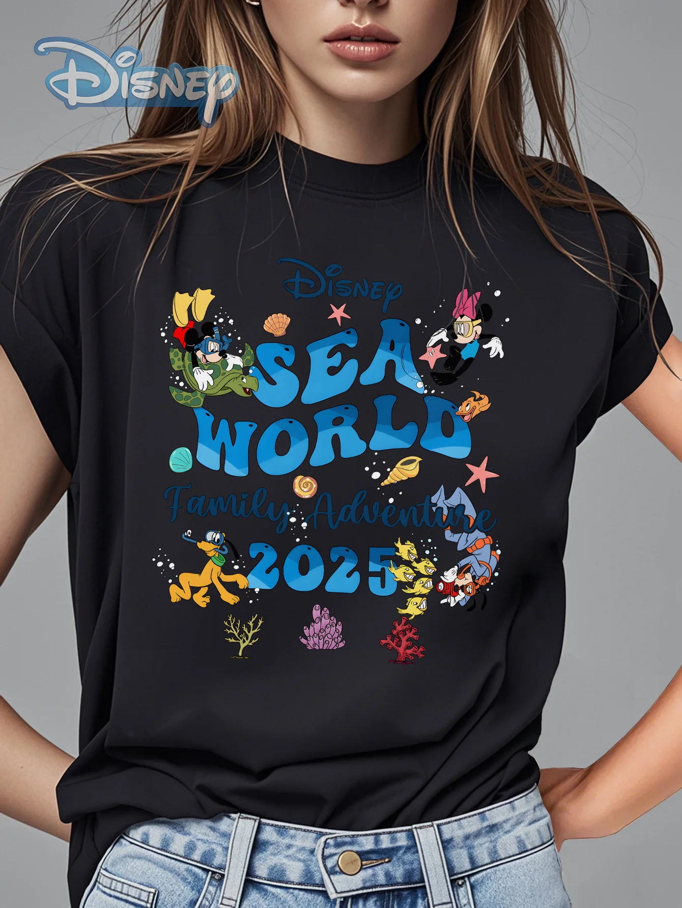 

Authorized By Disney, Mickey Mouse and Other Disney Ocean World Characters in 2025, Pure Round Neck Short Sleeved
