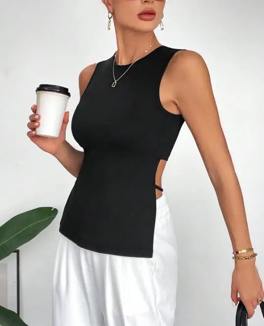 

Top Women 2026 Spring Summer New Solid Color Simple Round Neck Sleeveless Casual Front Long Rear Short Asymmetric Tank Top