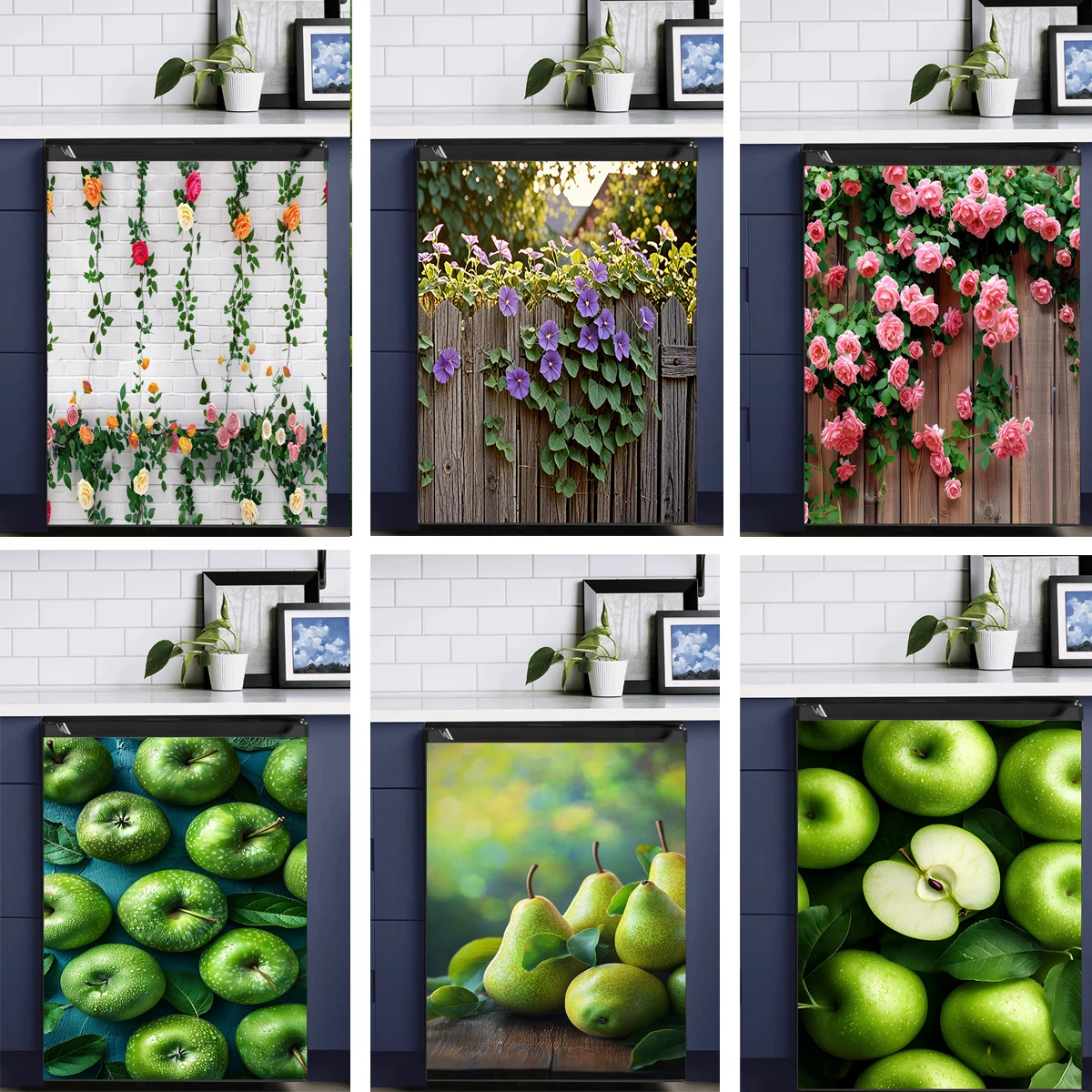 3D Green Apple Rose Dishwasher Pattern Frozen Stickers Art Refrigerator Full Door Wallpaper Kitchen Wall Stickers