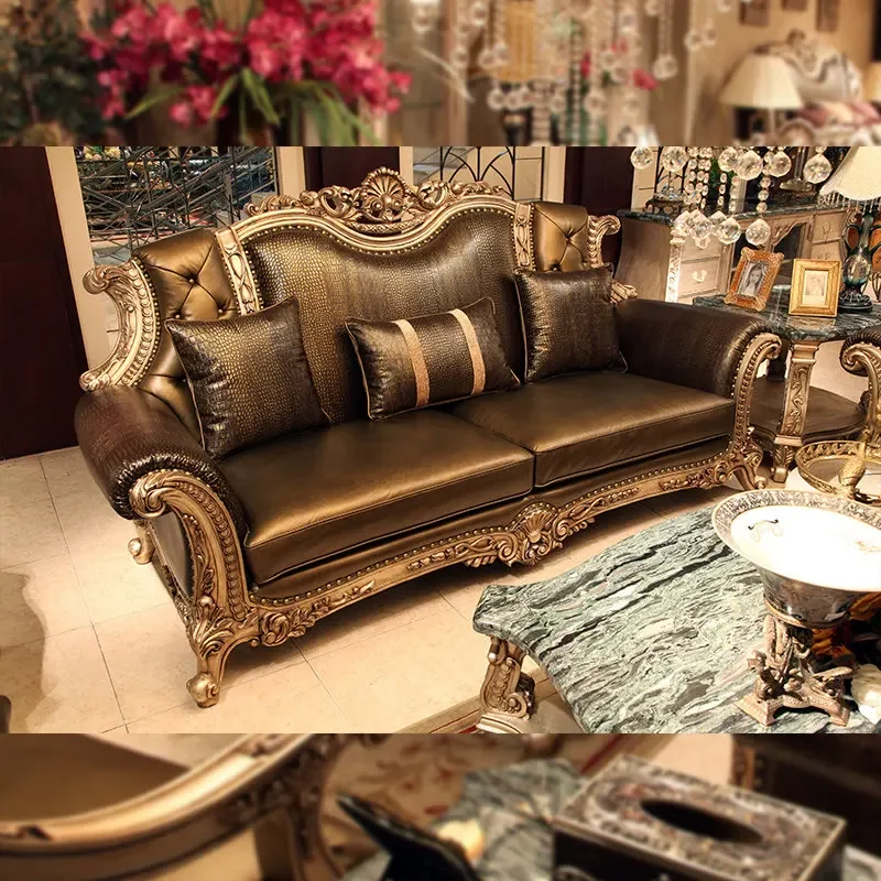 Royal View Furniture European Solid Wood Sofa American Leather Sofa Hotel Model Room Villa Club Office Building Sofa