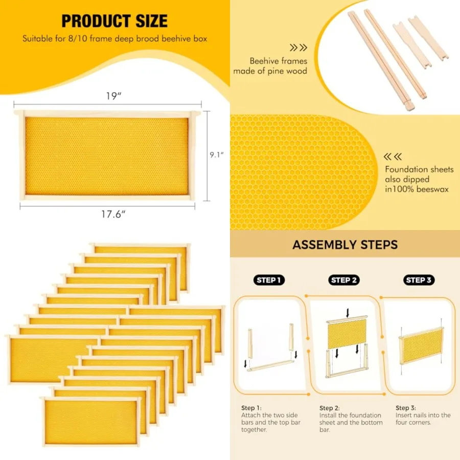 

Honey Lake 20 Pack Deep Beehive Frames Kit with Durable Wooden Frames and Food-Grade Beeswax-Coated Plastic Foundations for Bee