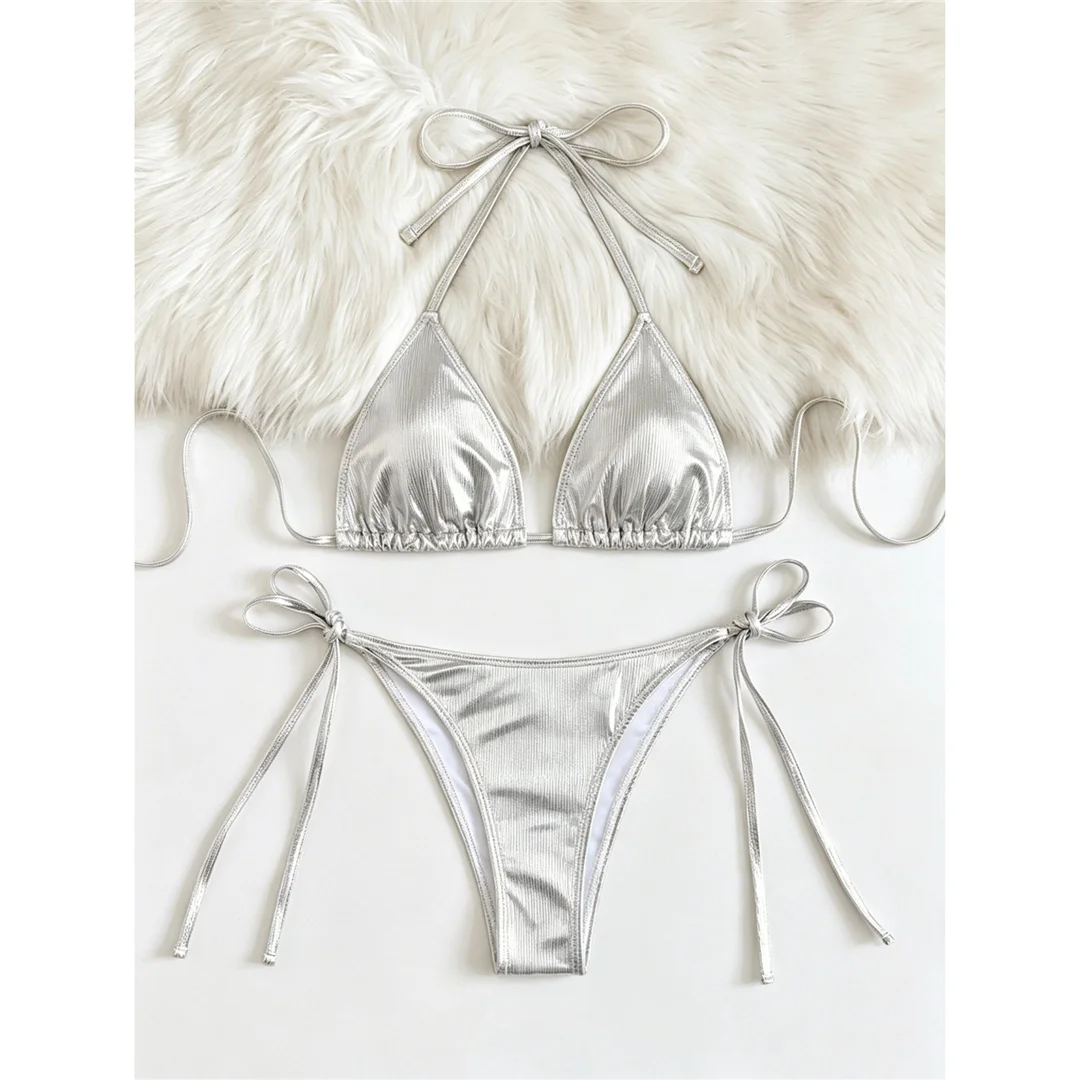 Gerippter Neckholder-Bikini mit Trägern, Damen-Badeanzug, zweiteiliges Bikini-Set, hoch geschnittene Beine, Badebekleidung, Badeanzug, V8382 – Detail 11