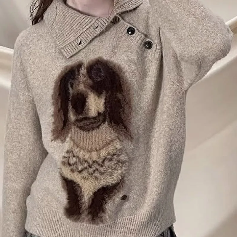 

Cute Puppy Pattern Women's Sweater Irregular Collar Button Knit Pullovers Top 2025 New Autumn Winter Casual Loose Lady Sweaters