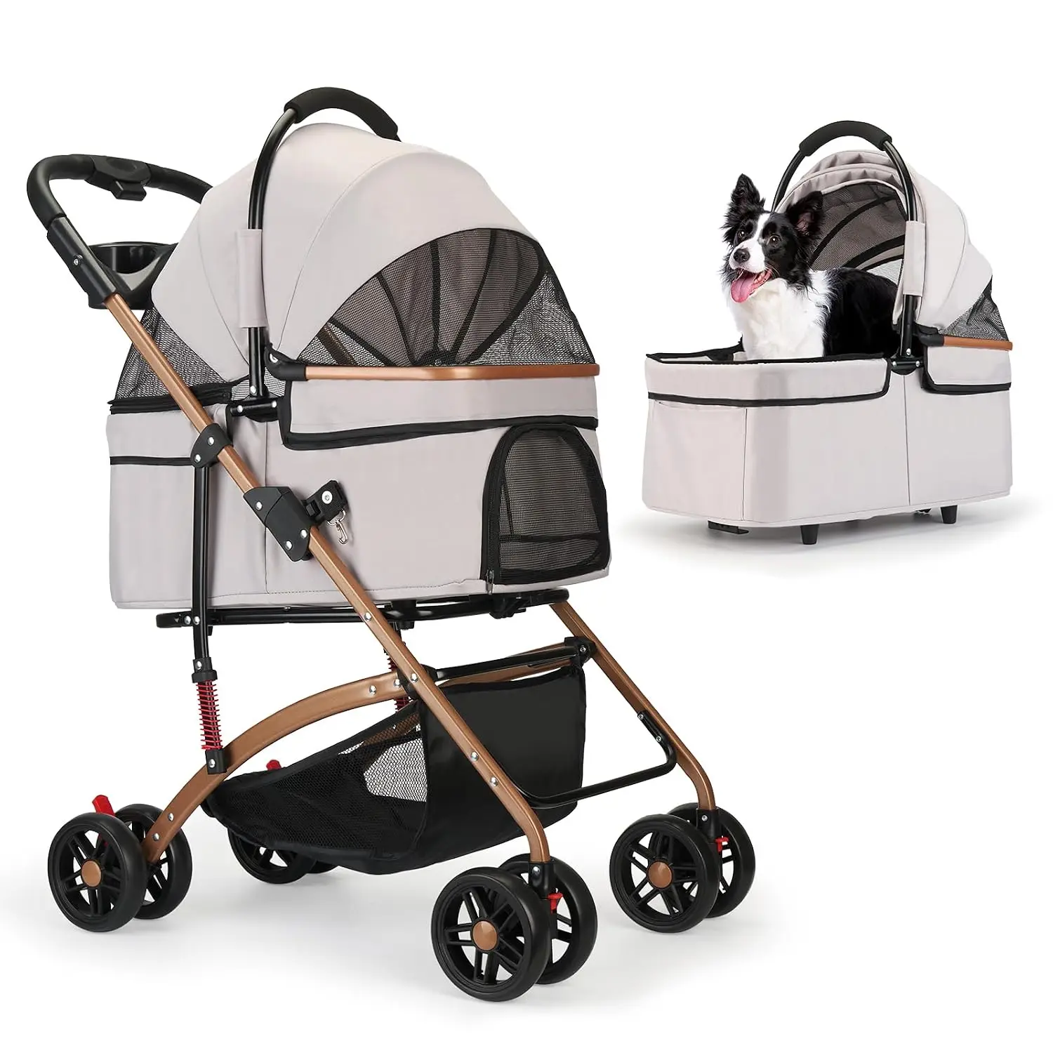 3-in-1 Pet Stroller for Small Dogs & Cats, Foldable Design with Detachable Carrier, Car-Safe Car Seat and Large Storage Basket, Grey