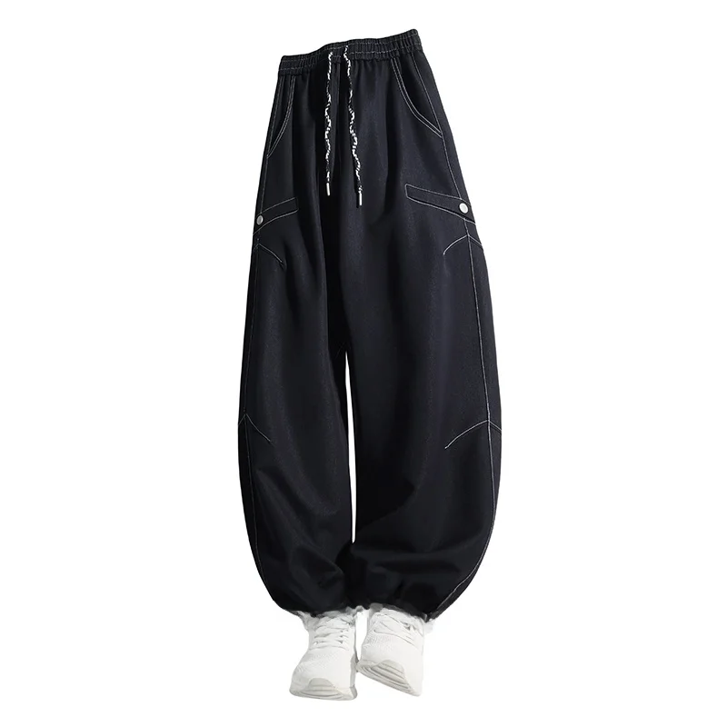 

Spring Autumn Loose Men's Denim Jeans Bla Sutured Line Harlan Sle Casual High Street Faionable Cords Dstring Trousers