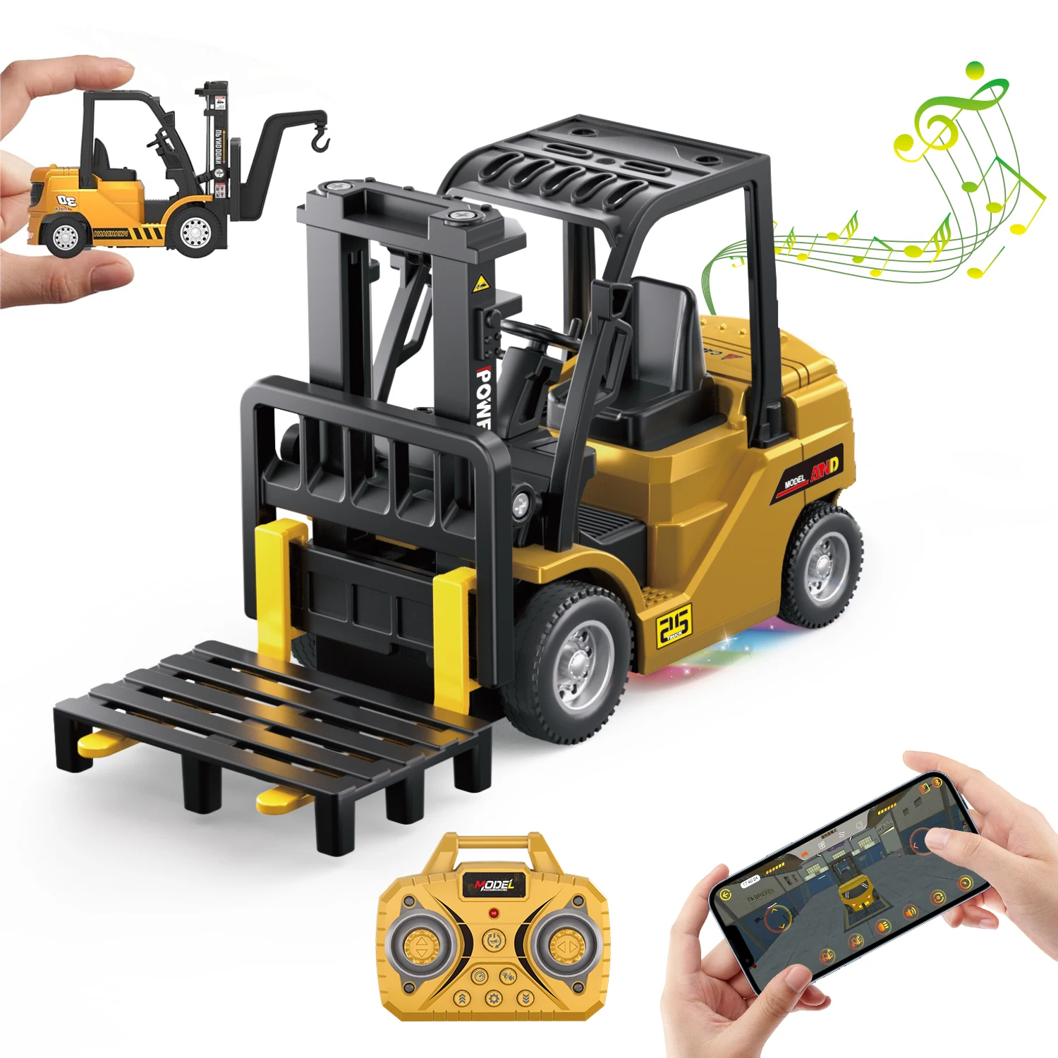 1/64 RC Forklift Toy,Mini Forklift Remote Control & App Controled,3-in-1 Transformable Lift Fork,Hook,Trailer,Lights & Sound