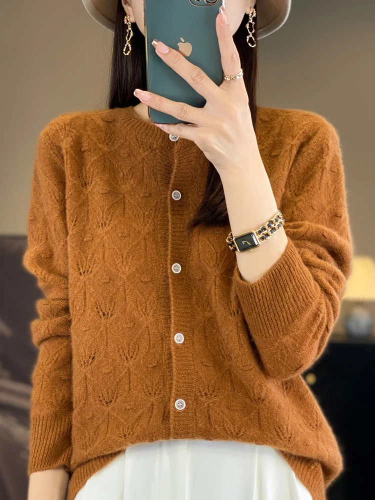 Women Sweater 100% Merino Wool Cardigans O-neck Hollow Out Cashmere Soft Long Sleeve Knitwear Spring Autumn Female Clothing Tops