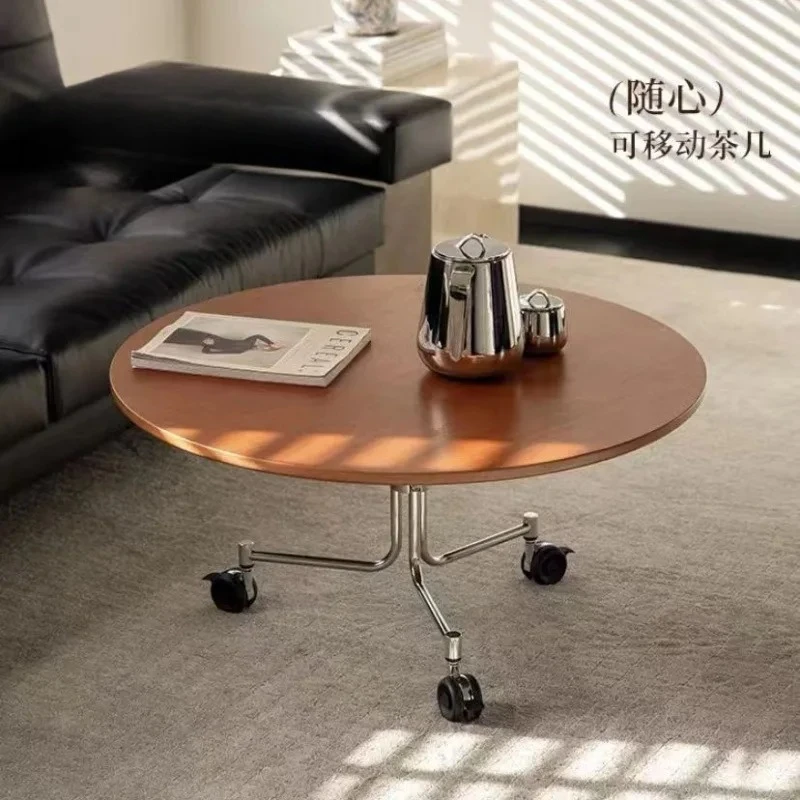 Rolling Stainless Steel Coffee Table with Tempered Glass Top Round Transparent Side Table for Living Room Sofa Minimalist