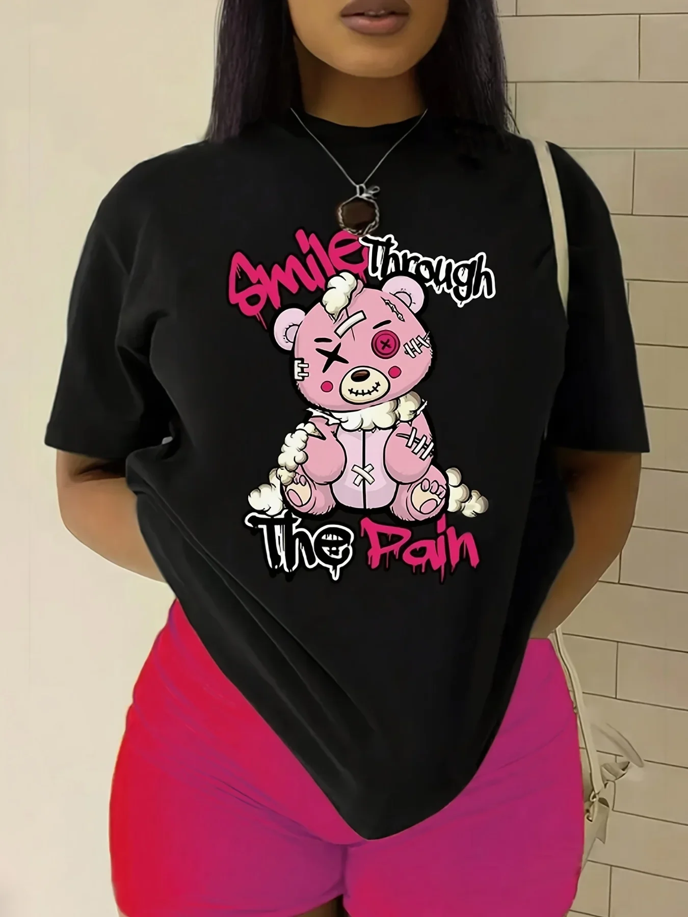 

Teddy Bear Print Womens T-Shirt - Soft Crew Neck Short Sleeve Casual Stylish - Perfect for Spring & Summer Fashion