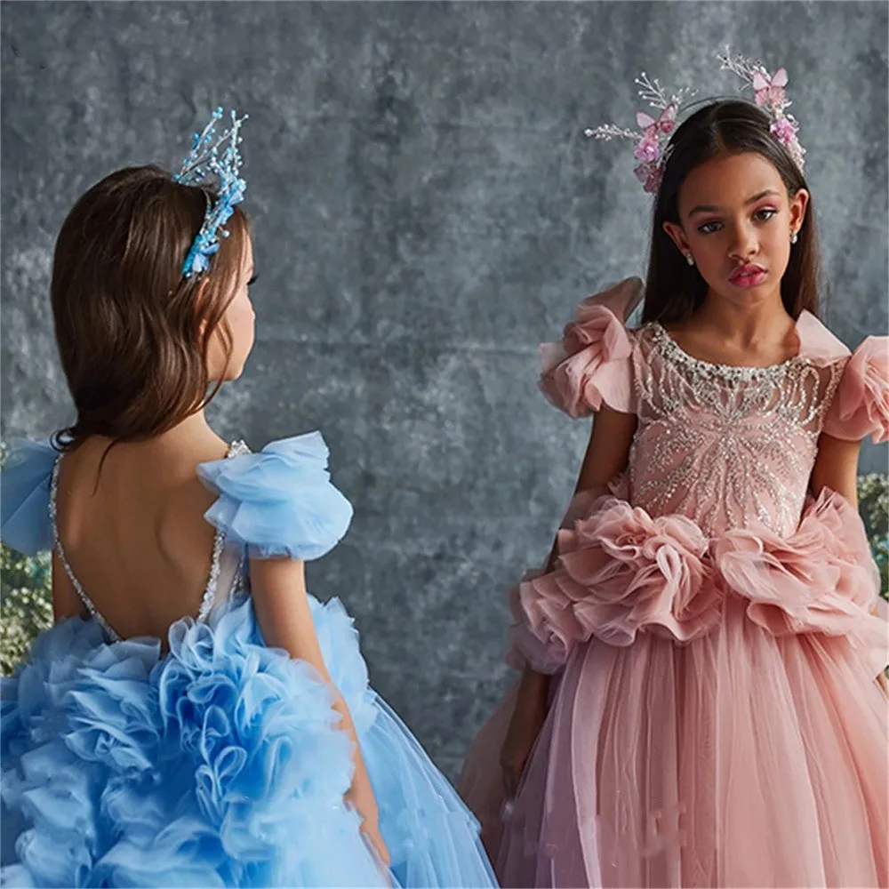 Boho Tulle pizzo senza maniche fiore ragazza vestito 2023 principessa per la prima comunione celebrazione bambini compleanno vestito bambino abito