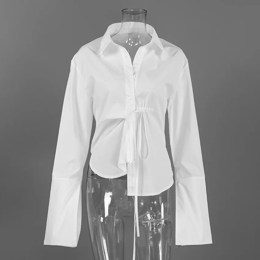 Women's Elegant Cotton Shirt Belted Waist Irregular Hem Long Sleeve Top Button Down V Neck Casual Spring Blouse - view 6