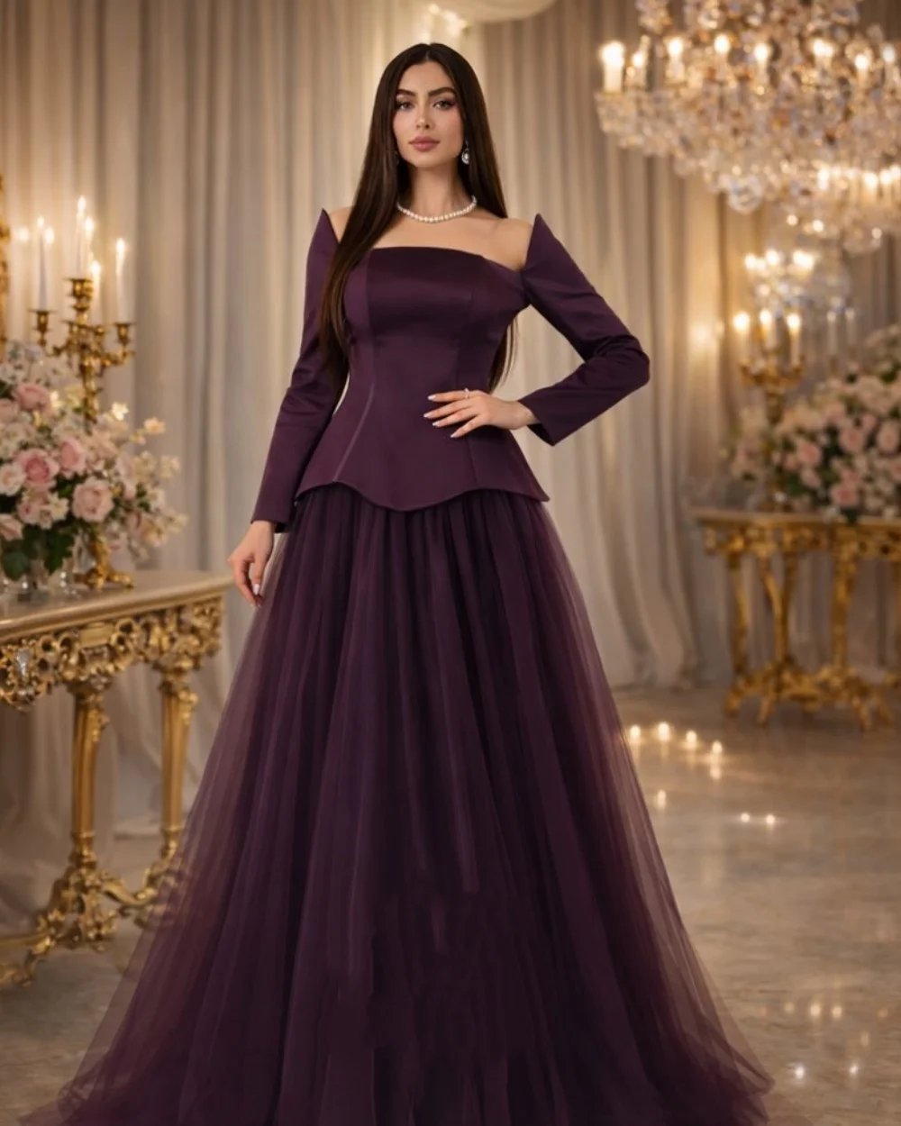 

Customized Formal Women Tulle Ruched Pleat A-Line Evening Dresses Simple Sexy Strapless Long Sleeves Floor Lenght Prom Dresses