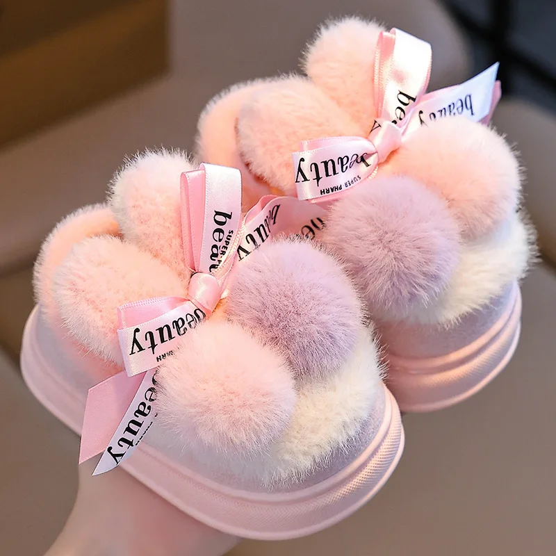 Cute Rabbit Girls Slippers Bow Pom Pom Faux Fur Soft Toddler Children Slippers Winter Plush Warm Kids Home Shoes