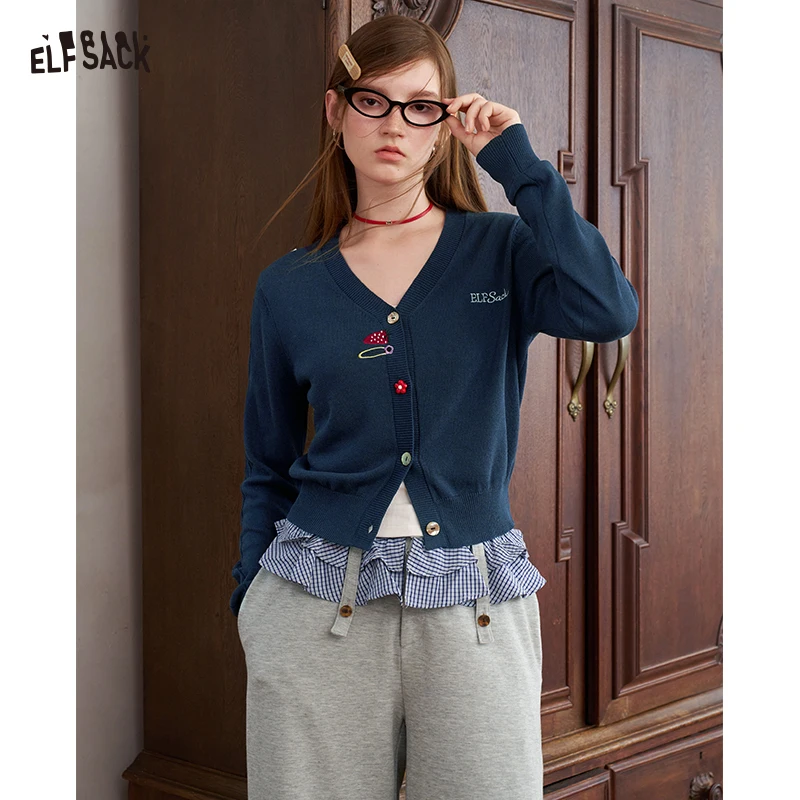 ELFSACK Women Cropped V‑Neck Knit Cardigan with Embroidery, Y2K Button Down Sweater Coat