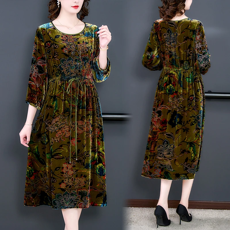 2024 Autumn New Green Floral Velvet Chic Midi Dress Women Luxury Elegant Casual Dress Korean Vintage Bodycon Party Night Dress