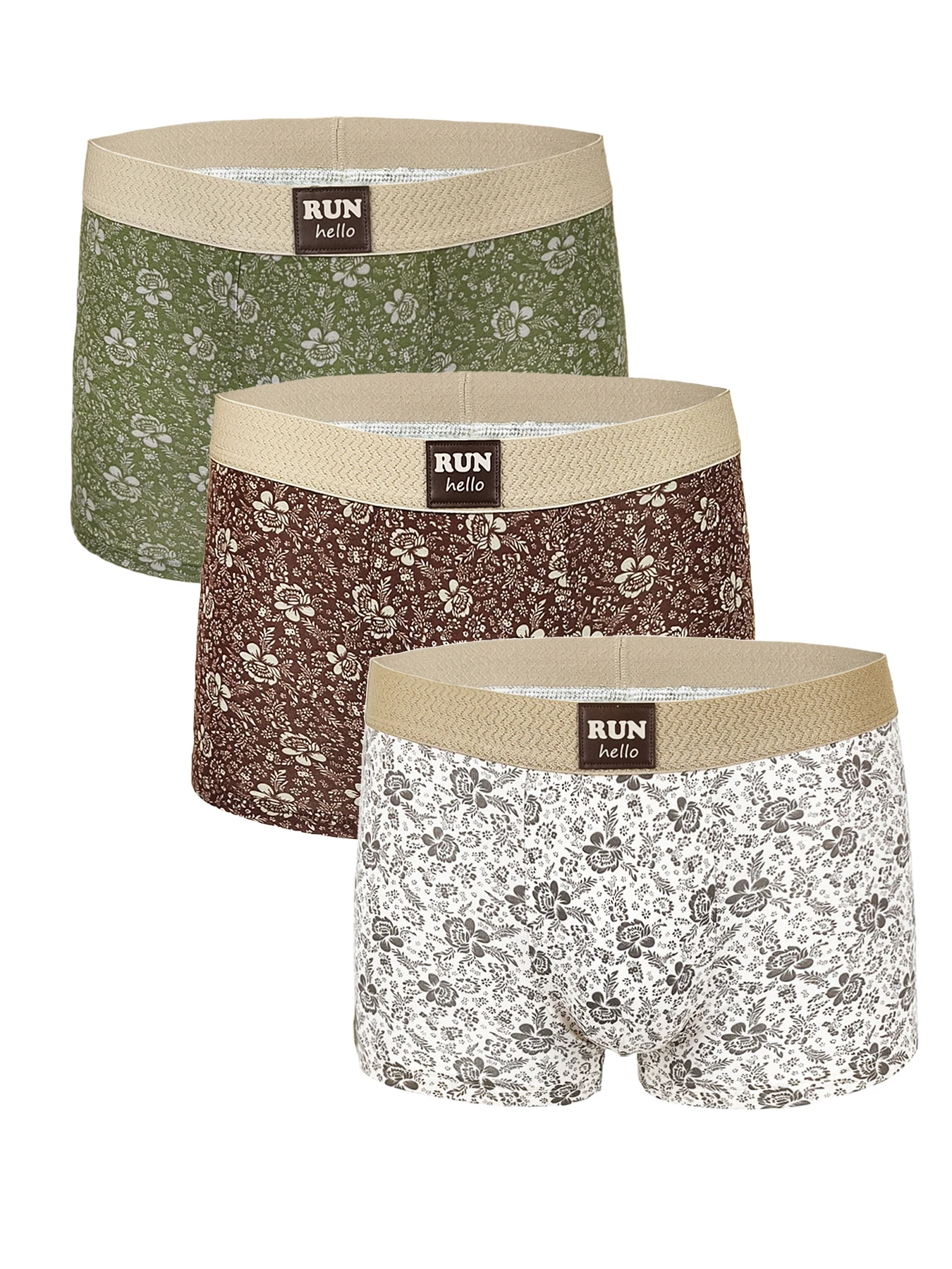 

Мужские хлопковые трусы-боксеры из 3 комплектов — пояс с логотипом "RUN hello", комплект нижнего белья разных цветов с цветочным узором Ditsy