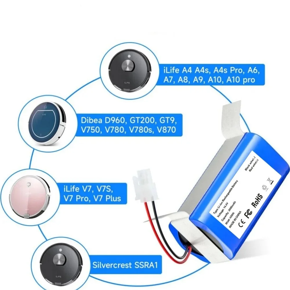 14.4V 3000mAh Li-ion Replacement Battery For ILIFE Zaco A4 A4s V7 A6 Dibea D960 GT200 AMIBOT H20 X782 Robot Vacuum Spare Parts