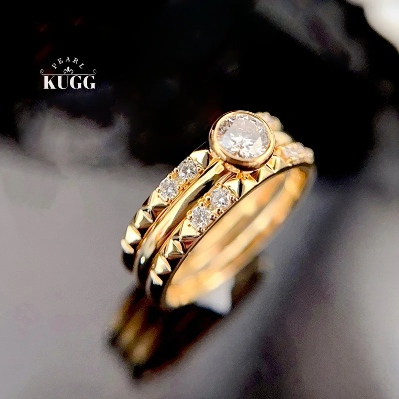 KUGG 100% 18K Yellow Gold Rings Women Vintage Palace Style Real Natural Diamond Engagement Ring High Party Jewelry
