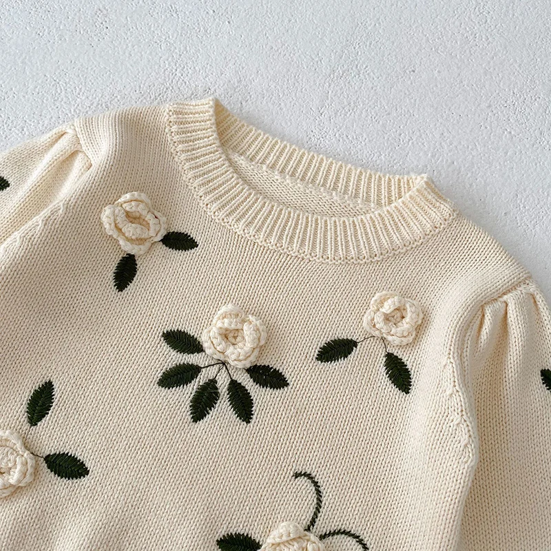 2024 New Autumn Children Clothes Kids Sweater Toddler Baby Girl Knitting Pullover Tops Long Sleeved Floral Embroidery Sweater