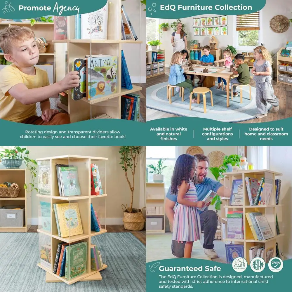 

360° Natural Wood Kids Bookshelf: Acrylic Storage, Playroom & Classroom Organizer