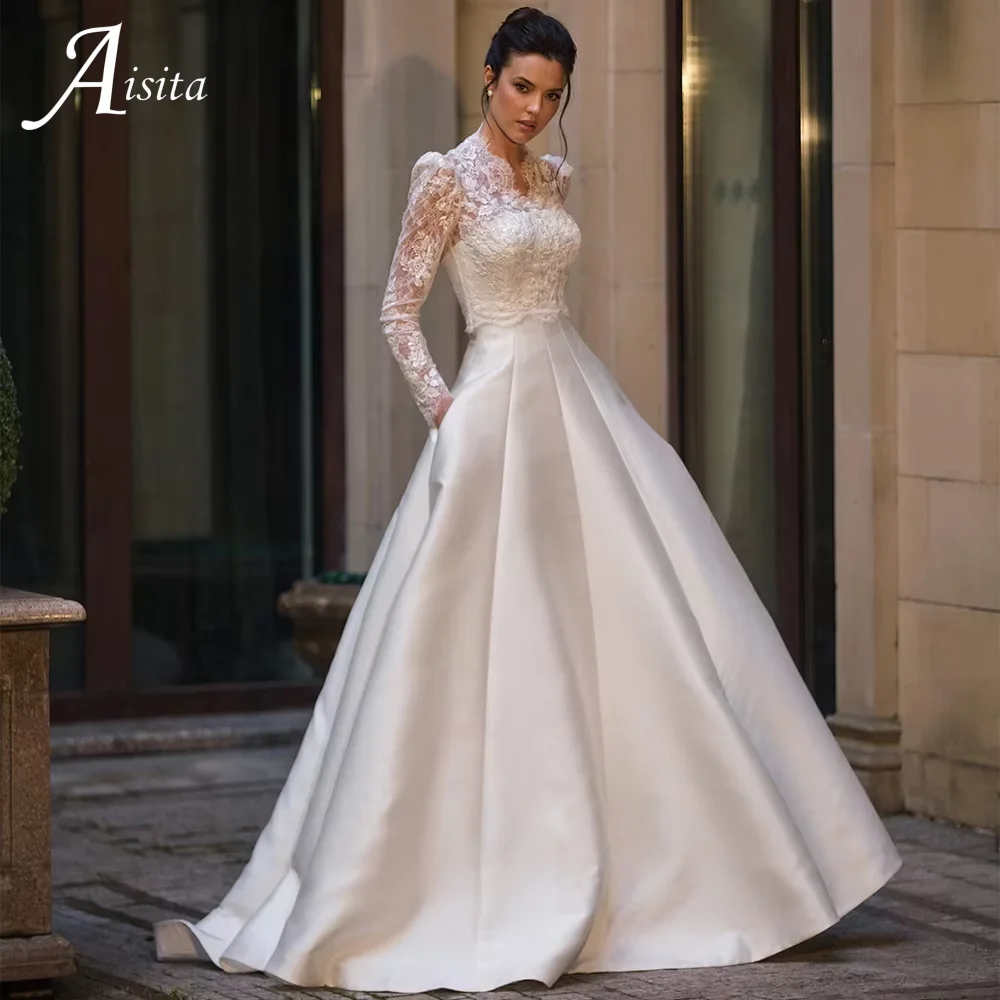 Lace Bolero Jacket Customized Lace V-Neck Satin Long Sleeves Wedding Dress A Line Sweep Train Corset Bridal Gown for Bride