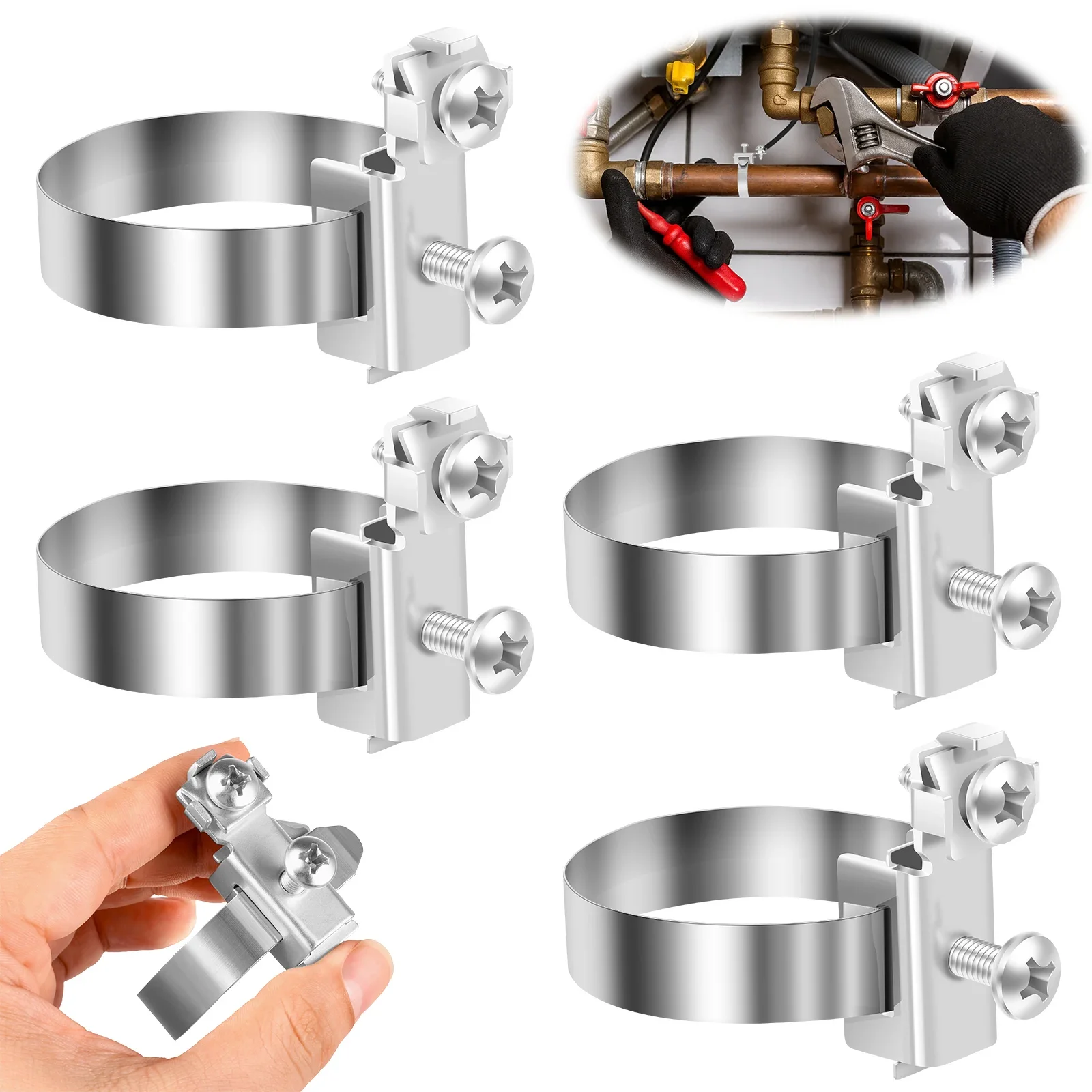 4Pcs 8-52mm Stainless Steel Grounding Pipe Clamp Earth Strap Clip for Lightning Protection Cable Pipe Tube Metal Band Clamps Set