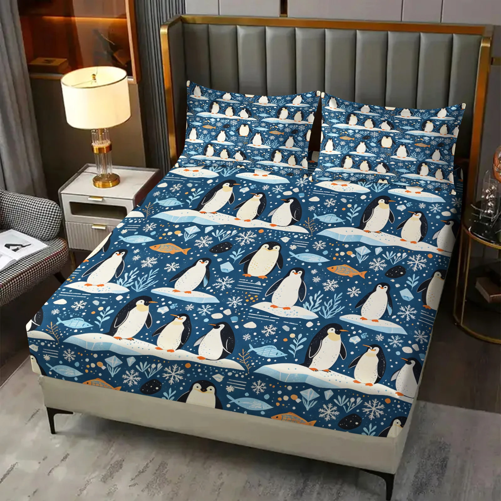 Dark Blue Cute Penguin Fitted Sheet Set Ice Floe Snowflake Fish Print Bed Sheet with Pillowcases Elastic Deep Pocket Bed Cover