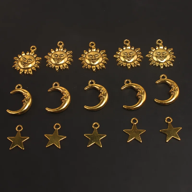 15pcs Mixed Antique Gold Color Sun Moon Star Alloy pendant DIY Charms Bracelet Earrings Jewelry Carfts Making M2200