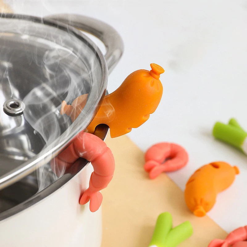 Tapa de olla de salchicha de camarones de silicona, dispositivo de elevación antidesbordamiento, tapa de olla antidesbordamiento, Clip, estante para palillos, herramienta de cocina práctica