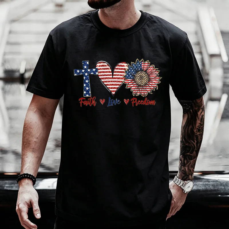 Mens Casual T Shirt Retro Faith Love Freedom Patriotic Cross Heart Sunflower Graphic Tees Crew Neck Loose Summer Flag Art Tops