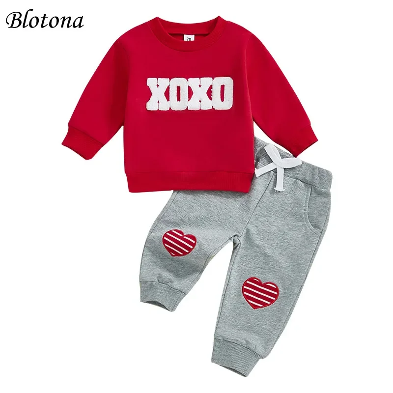 

Blotona Baby Spring Fall Set, Long Sleeve Crew Neck Embroidery Letter Sweatshirt with Heart Pants Outfit for Valentine's Day