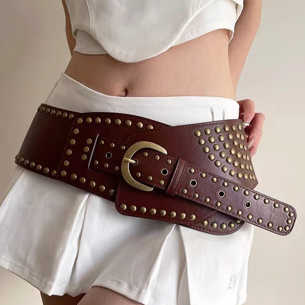 Y2K Women Rivet Wide Belt Punk Wide Waistband Vintage Metal Rivet Studded Belt Women Skirt Decoration Concave-Shaped Waistband