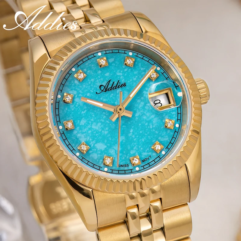 Addies Luxury Women Quartz Watch Gold Silver 316L Stainless Steel Ladies Date Wristwatch Business 5Bar Waterproof Luminous 28mm