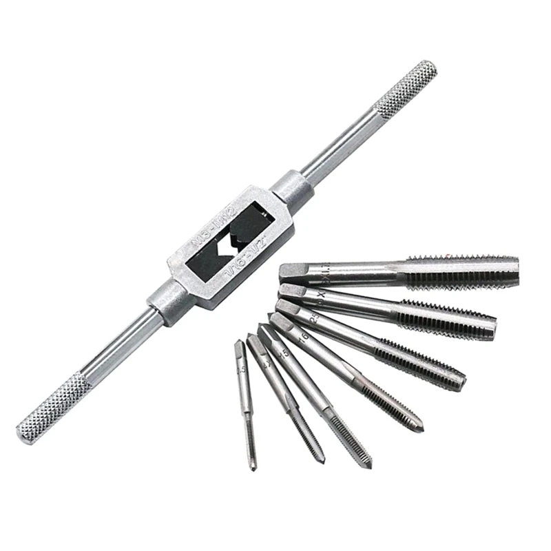 8Pcs Hss Hand Screw Tap Die Wrench Schroefdraad Plug Tap M3 M4 M5 M6 M8 M10 M12 Met Verstelbare Tap Wrench 1/16-1/2