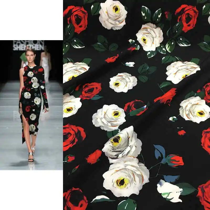 Big Brand Black Bottom Red and White Rose Print Mulberry Silk Dress Fabric 30 Mommy Stretch Heavy Crepe Silk Fabric Breathable