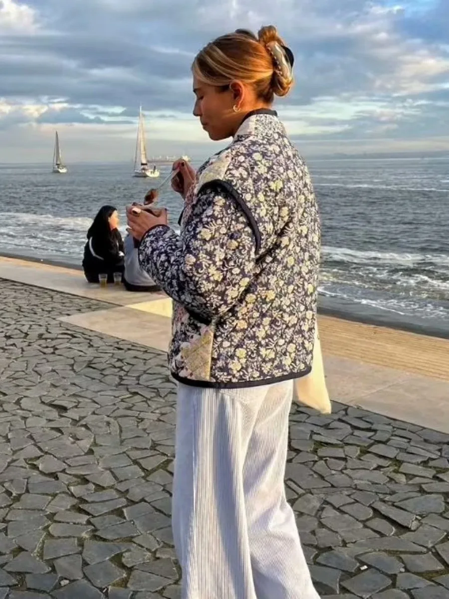 Nordic Bohemian Retro Blue And White Porcelain Floral Splicing Loose Cotton Jacket Street Style Long Sleeve Regular Length