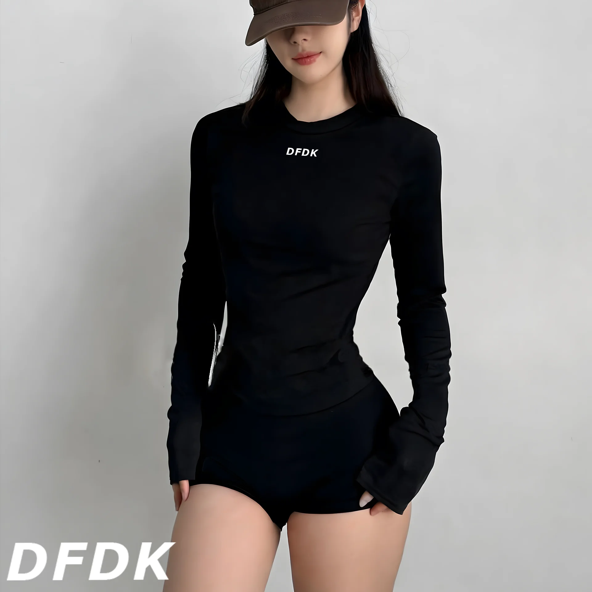 DFDK Style Seamless Knit 2 Pieces Outfit Ladies Long Sleeve Crop Top High Elastic Tummy Control Sports Shorts Fitness Gym Runnin