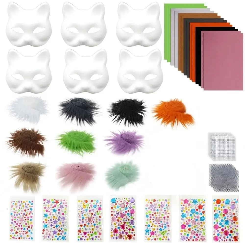 DIY Kit Blank Cat Mask Making Kit Paper Mache Fabric Straps Animal Half Face Mask Faux Fur Mesh Stickers Costume Accessory Set