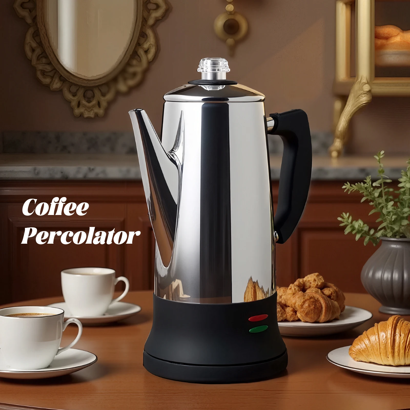 Percolator 1.8L 12Cup Italian Coffee Maker Stainless Steel Quick Heating Reusable Filter Basket Fast Brew Home Office