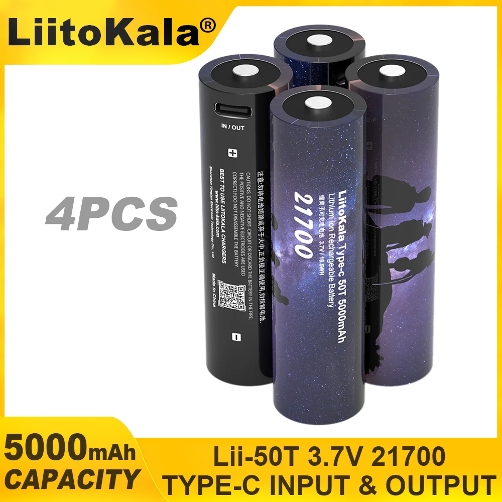 4PCS 100% Original Liitokala Type-c 50T 21700 Multi-function Lithium Battery 3.7V 5000mAh Type-c input And Output 5V Output.