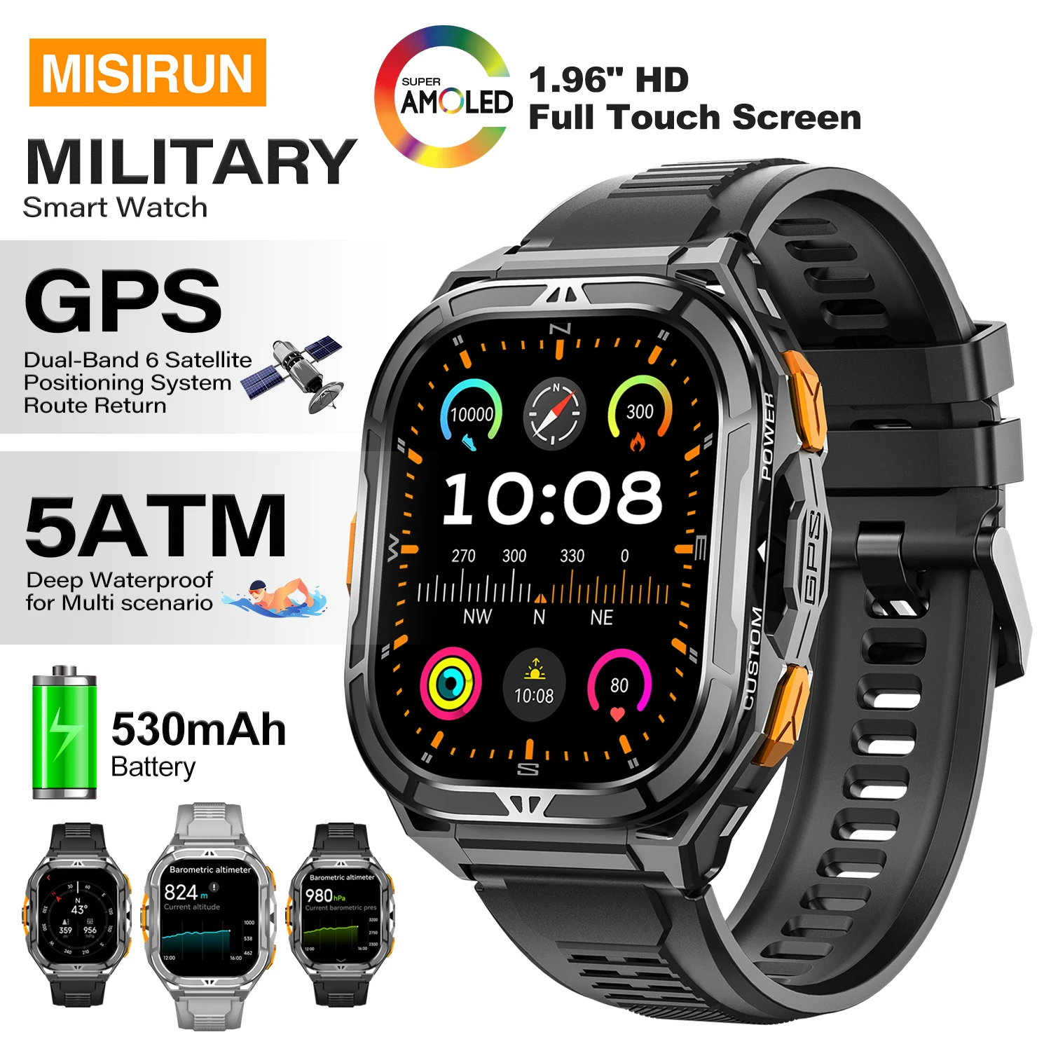 

Смарт-часы для занятий спортом на открытом воздухе с GPS, для мужчин и женщин, AMOLED HD-экран, водонепроницаемость 5ATM, аккумулятор 530 мАч, компас, SOS, BT-вызов, военные смарт-часы