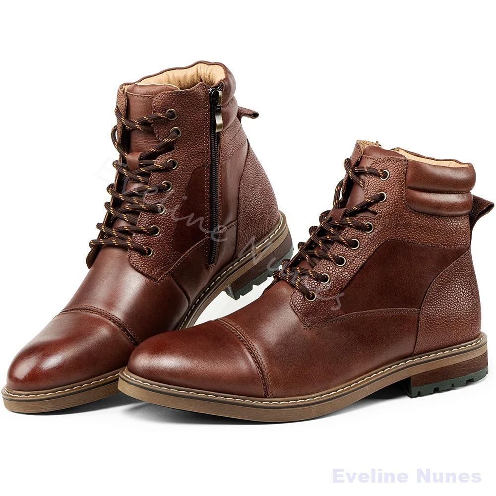 Vintage Brown Genuine Leather Combat Boots Men Lace Up Non Slip Lug Sole Casual Ankle Boots Working Daily Outdoor Trekking Boots