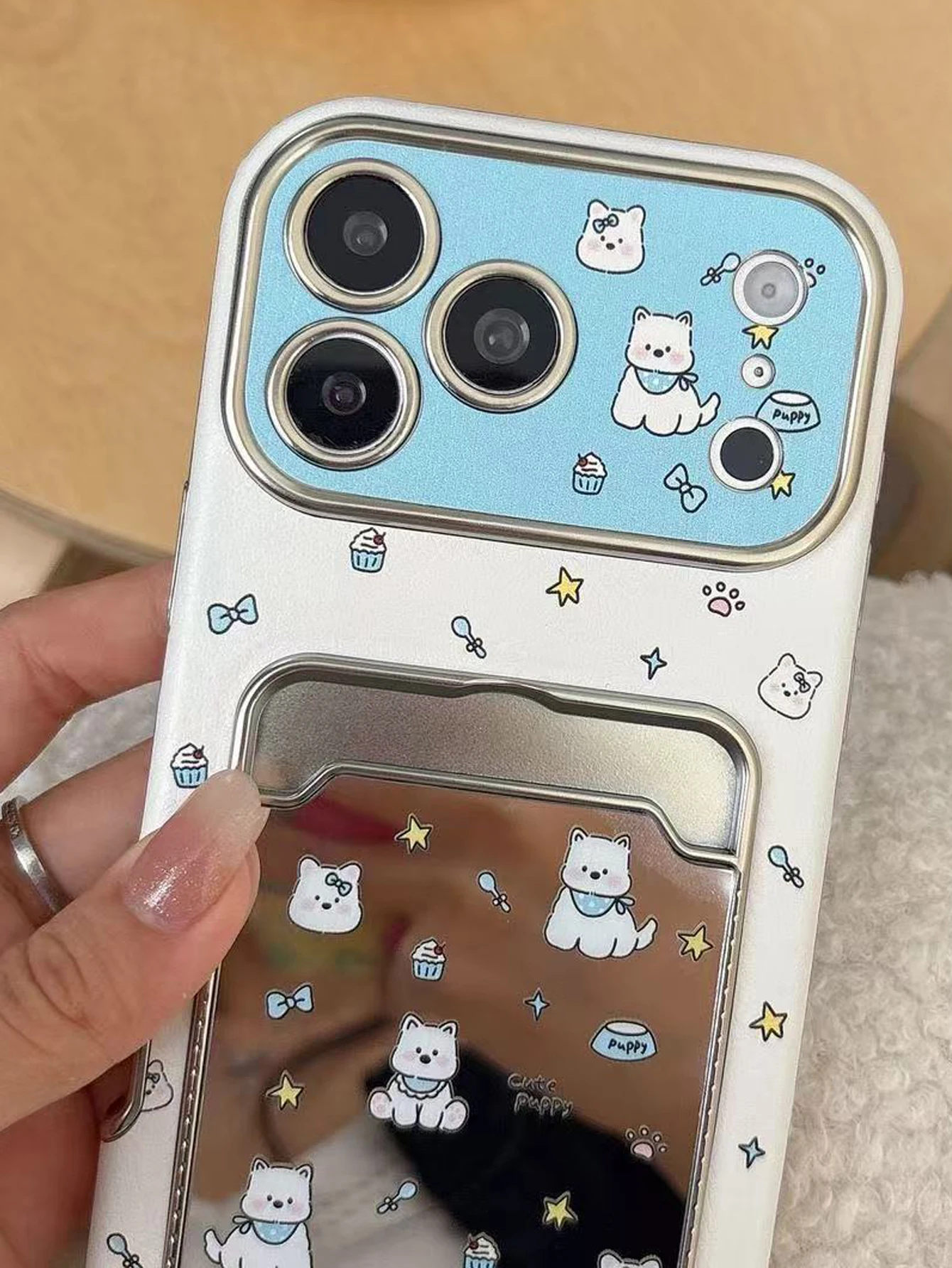Cute Puppy Mirror Card Holder Phone Case With Wrist Strap For iPhone 16 15 14 13 12 11 Pro Max Kawaii Protective Cover view 4