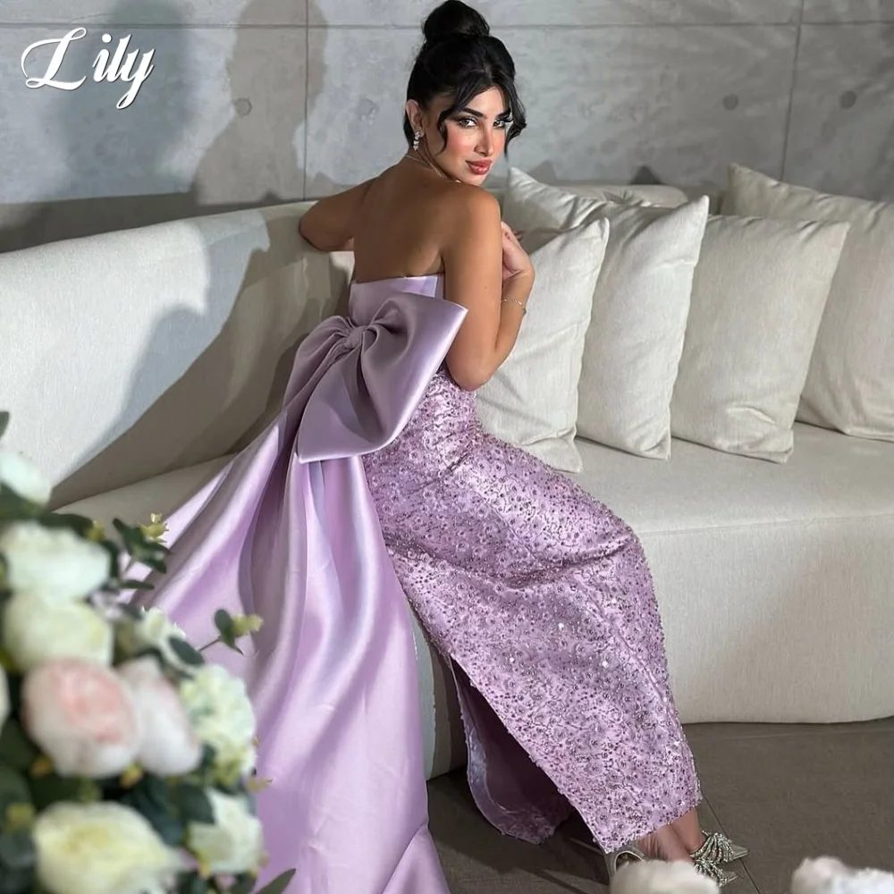 فستان حفلة موسيقية أرجواني من Lily بدون حمالات فستان حفل ترتر بدون أكمام فستان المشاهير مع فستان سهرة بطيات على شكل فيونكة حسب الطلب #1