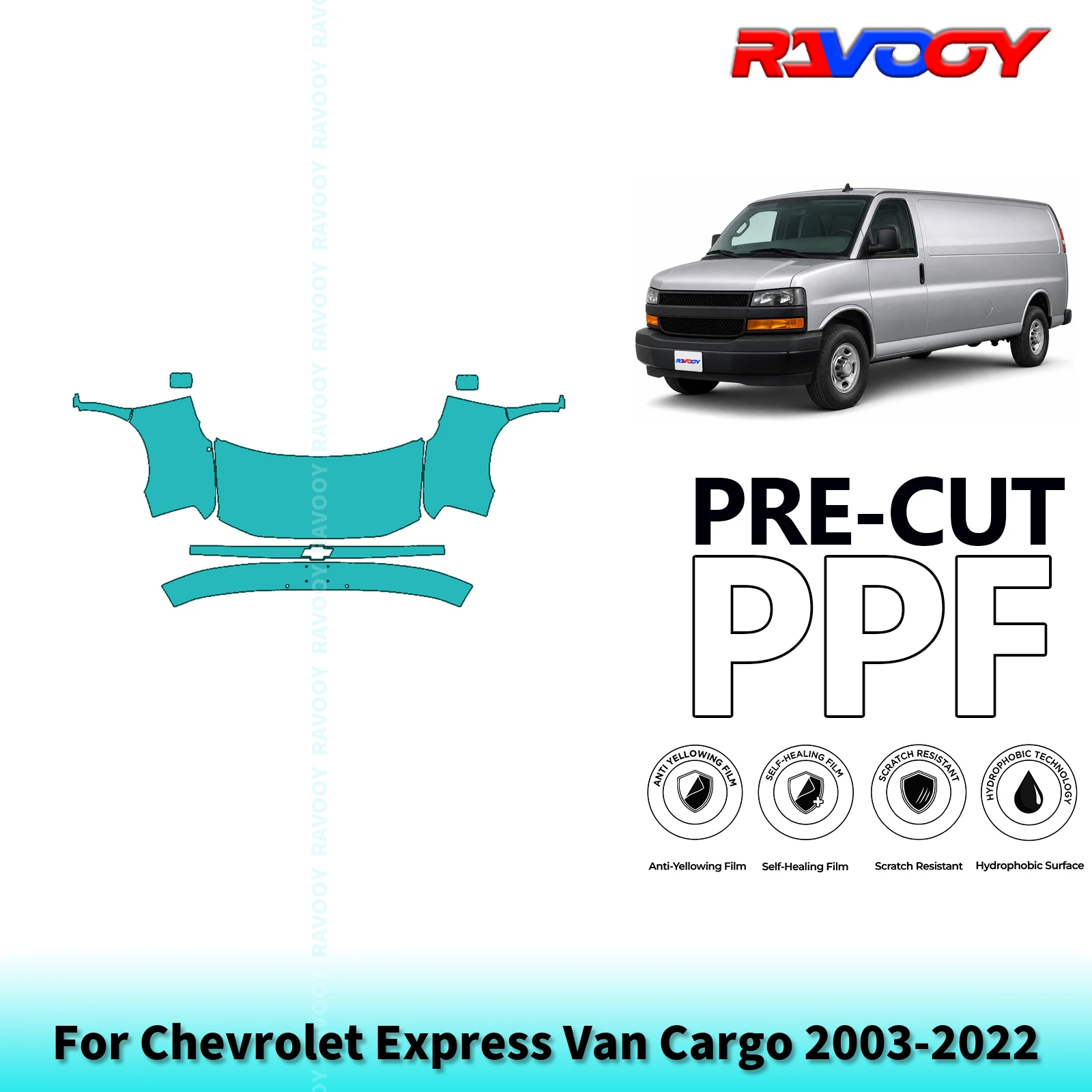 For Chevrolet Express Van Cargo 2003-2022 Full Front 8.5Mil Pre-Cut Paint Protection Film PPF Stone Chip Kit | Clear/Matte/Black