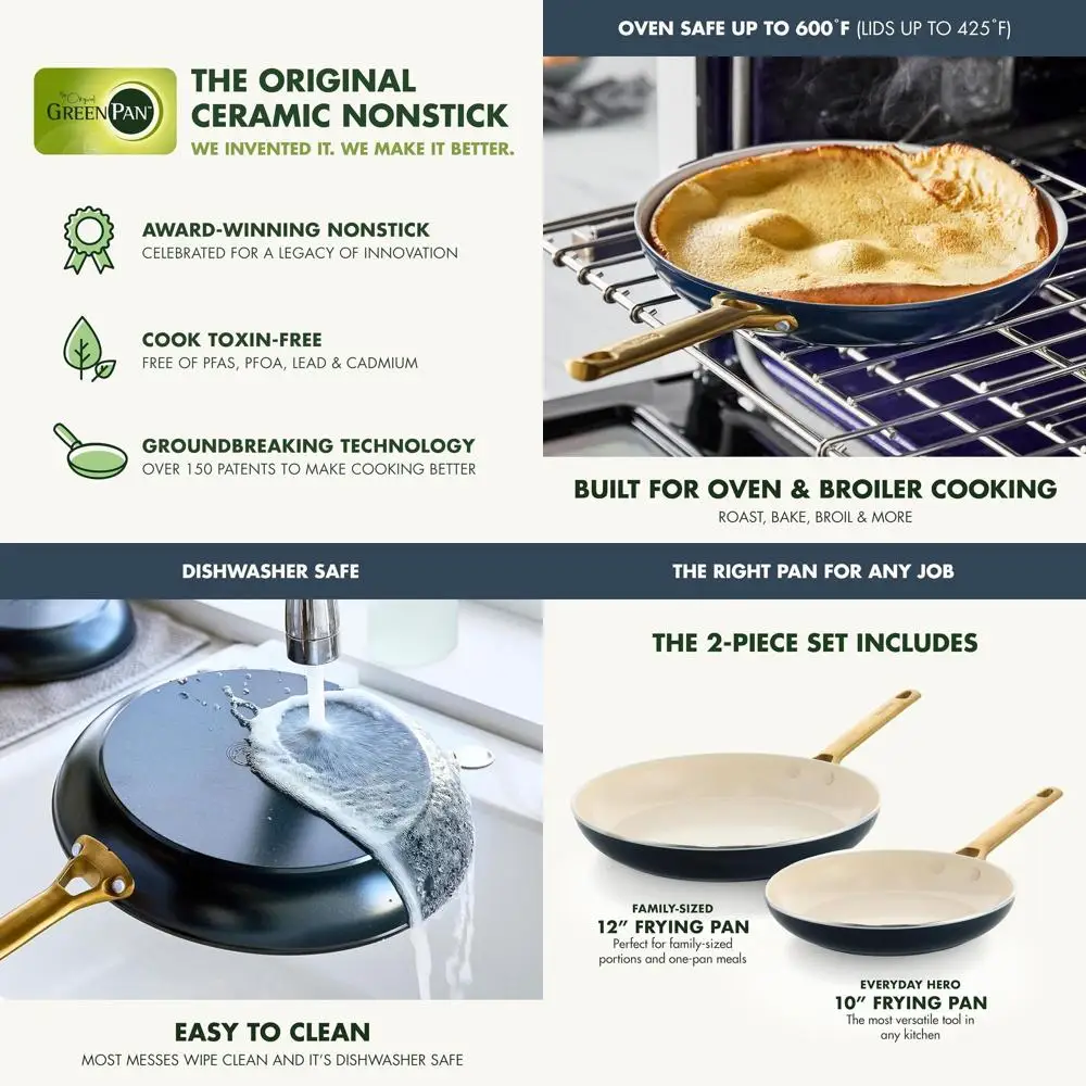 

Gold-Handled 10 & 12 Nonstick Ceramic Skillet Set, PFAS-Free, Dishwasher & Oven Safe, Twilight Blue