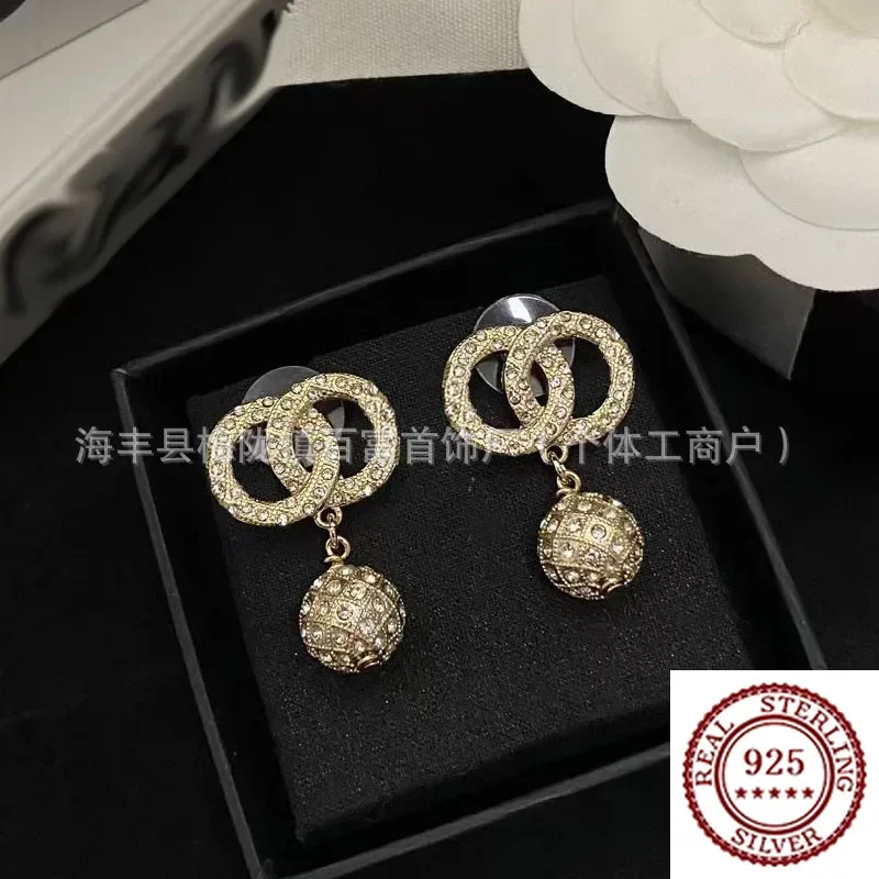 

2025 New Trendy DIY Pure Silver Full Diamond Double C Ball Earrings With Stylish And Versatile Style, High End Earrings