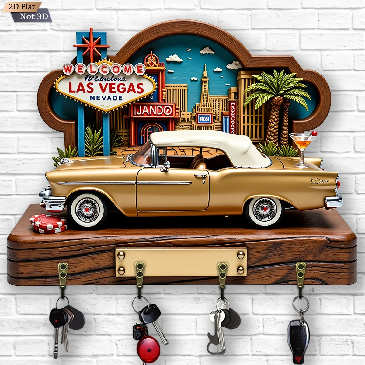 2D Flat, 1pc, Las Vegas Theme Key Hook Wooden Multifunctional Home Key Holder with 4 Metal Hooks, Wall Decoration, Porch