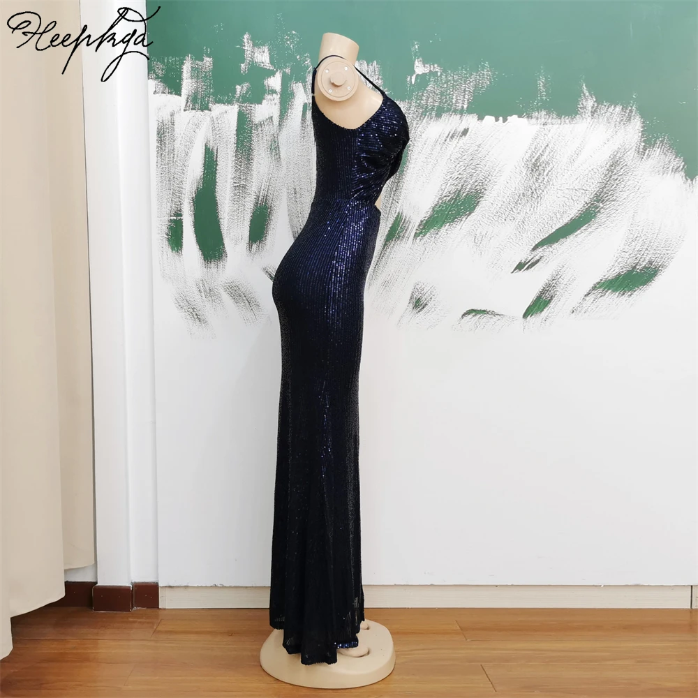 New Design Navy Mermaid Long Dress Evening Sweetheart Side Split Elastic Sequin Special Occasion Women Gowns Robe De Soiree